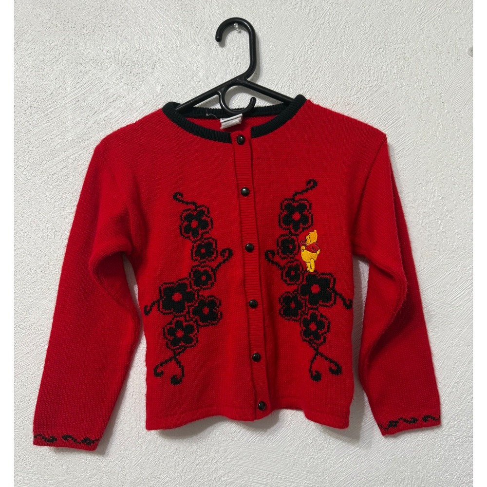 Vintage 1990s Disney Winnie the Pooh Girls 7/8 Red Cardigan Sweater Pooh Bear